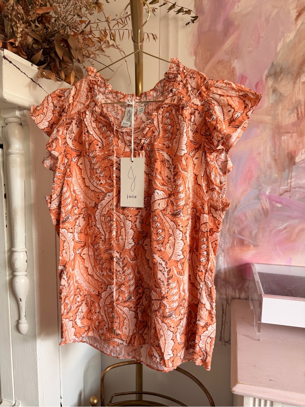 Joie Women's Orange Paisley Ruffle Sleeve Top